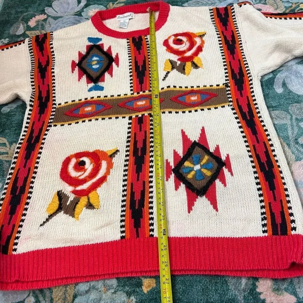 Emminent Womens Folk Art Embroidered vintage Crewneck Sweater Southwesterb Large
